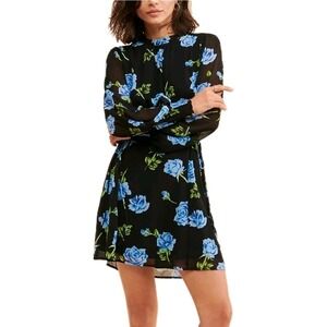 NWT Free People Dress Size L Samantha‎ Lace Up Black Blue Floral Long Sleeve